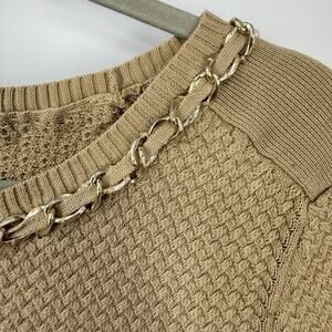 Brooks Brothers Short Sleeve Sweater Women Size Large Beige Knit Chain Trim